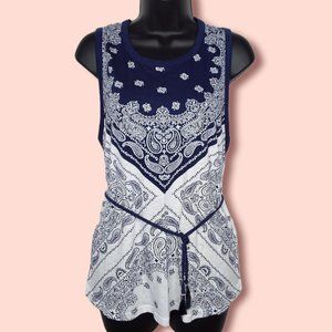 Lucky Brand Sleeveless Top Bandana Print Navy Blue White Waist Ties Size Medium